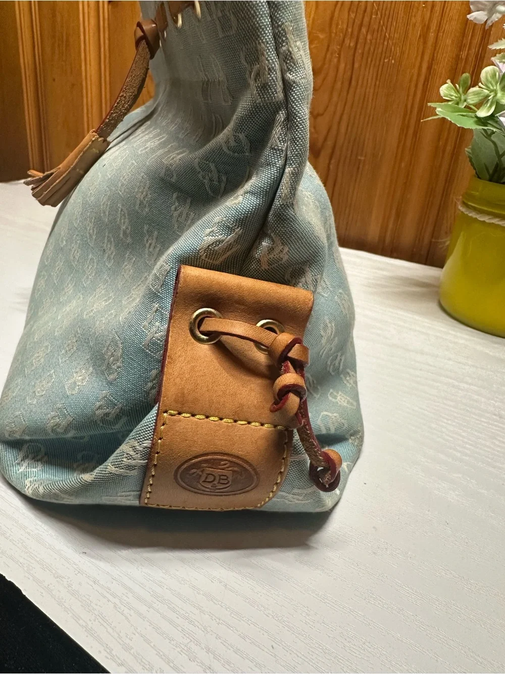 Dooney & Bourke Light Blue Monogram Drawstring Tote with Tan Trim